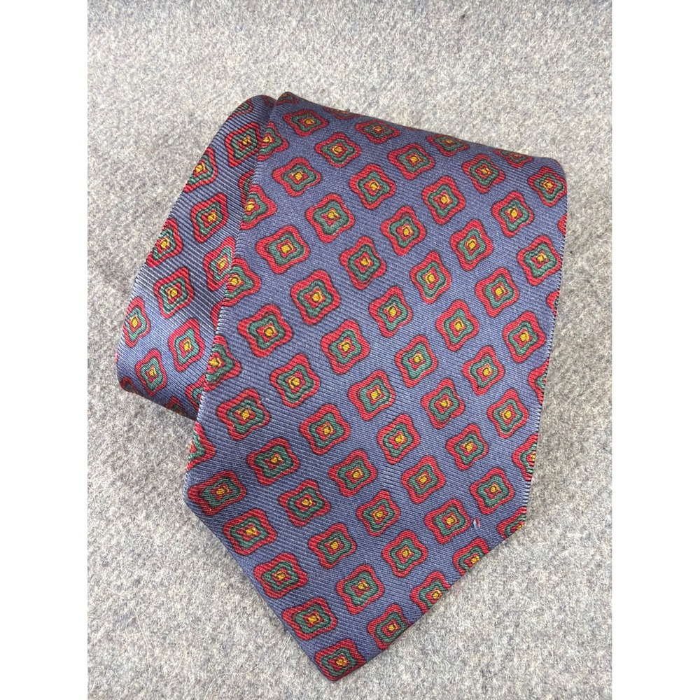 Polo Ralph Lauren Necktie Mens Blue Red Geometric Medallion Silk Hand Made USA